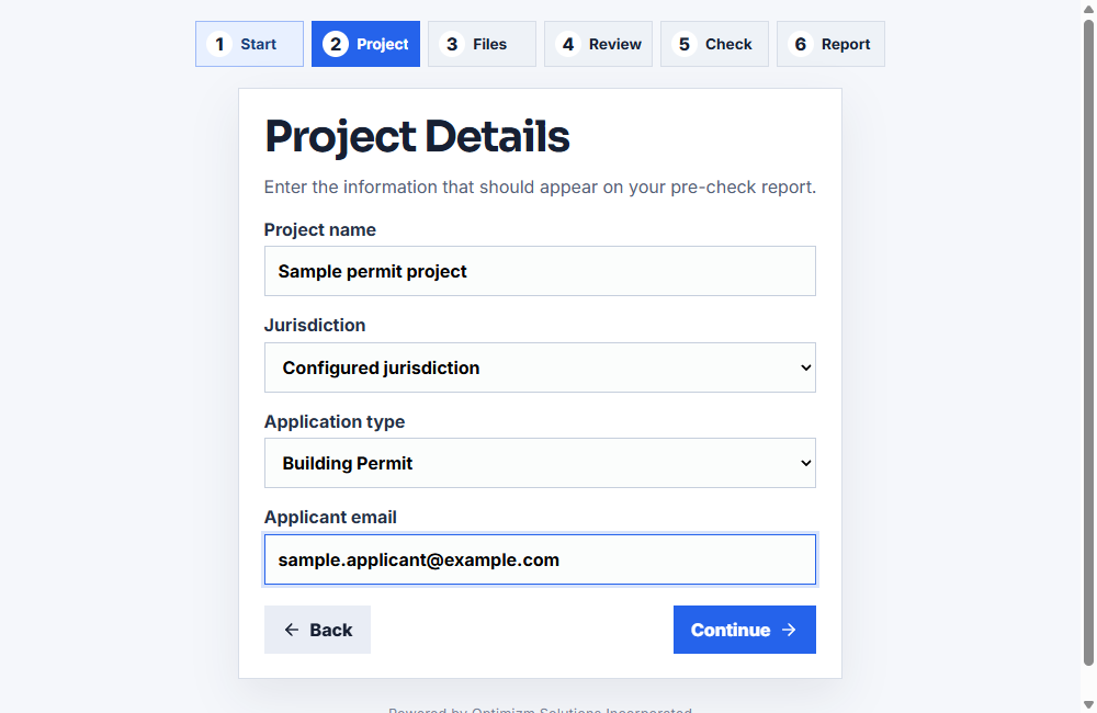 Optimizm project details screen shown with sample data