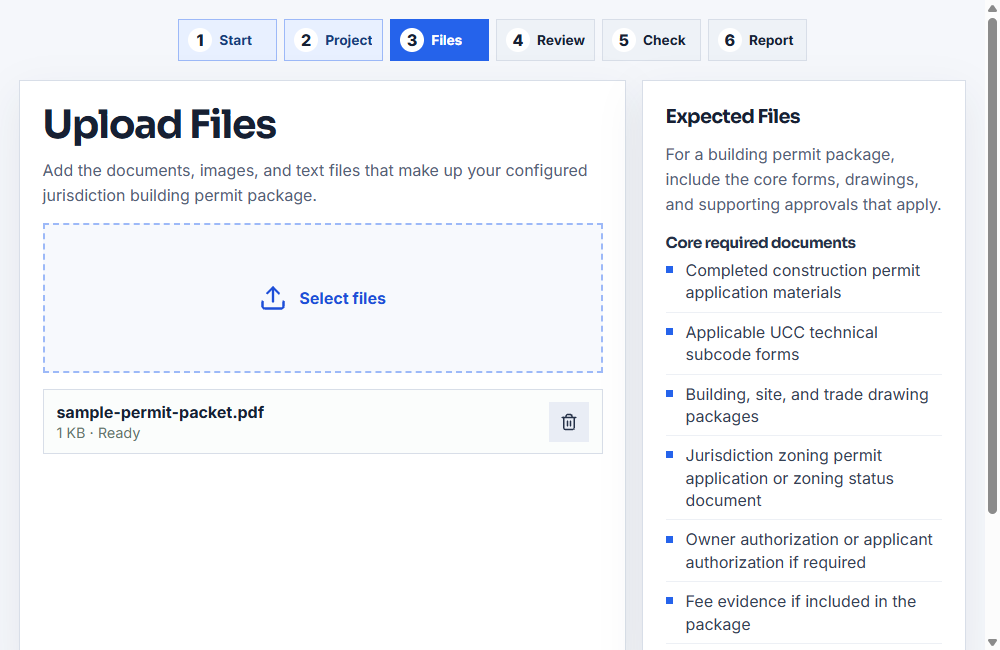 Optimizm file upload screen shown with a sample permit packet