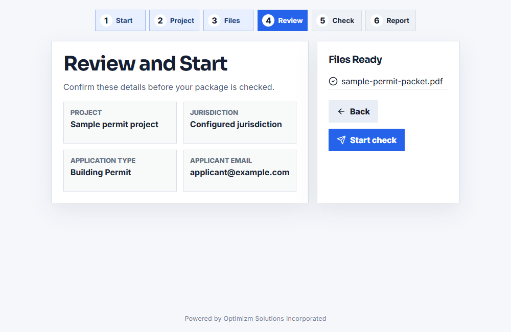 Optimizm review screen shown with sample project data